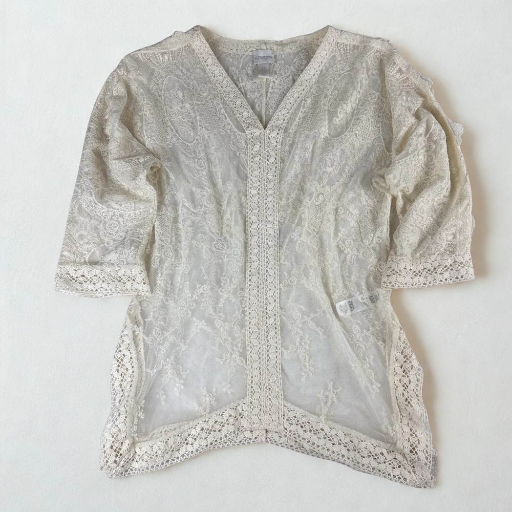 Chico's Full Lace Blouse Womens 0 Ivory Sheer 3/4 Sleeve Victorian Elegant Layer
